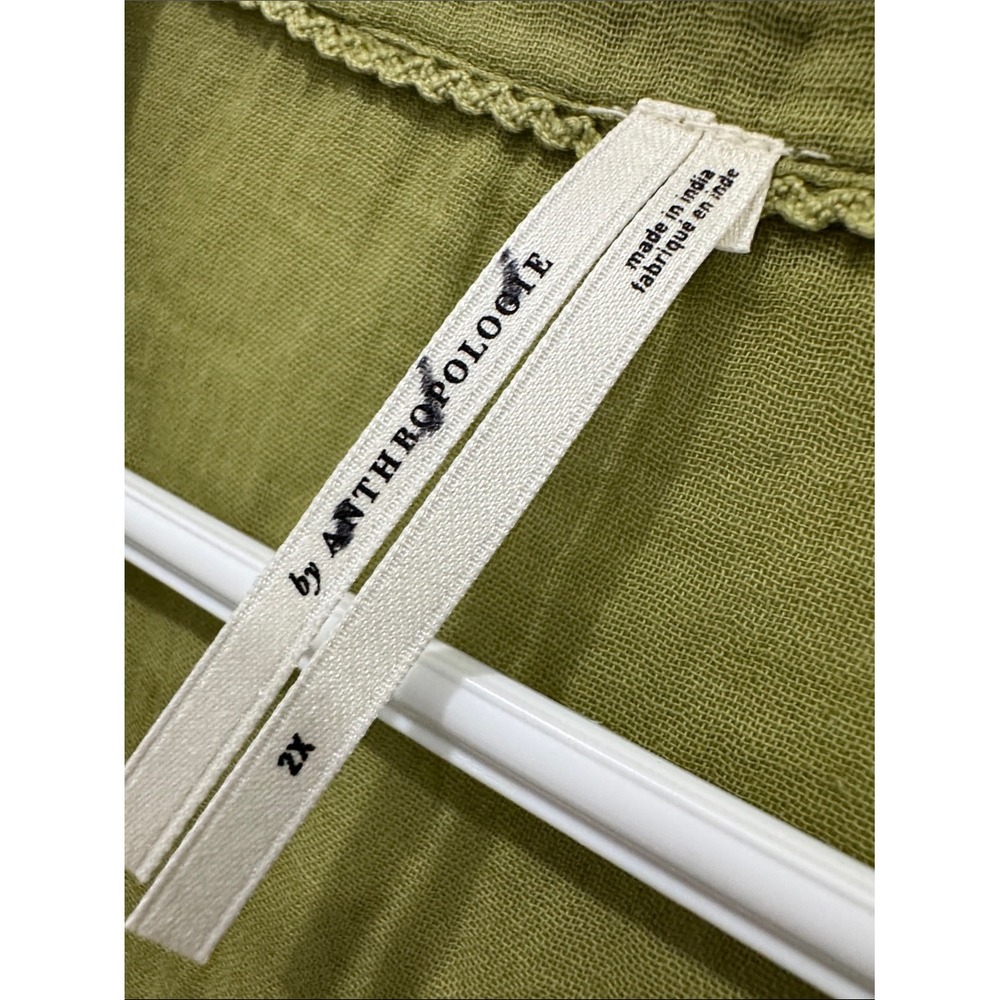 Anthropologie 2X Olive Green Cotton Gauze Tiered Midi Dress V Neck - Picture 4 of 9